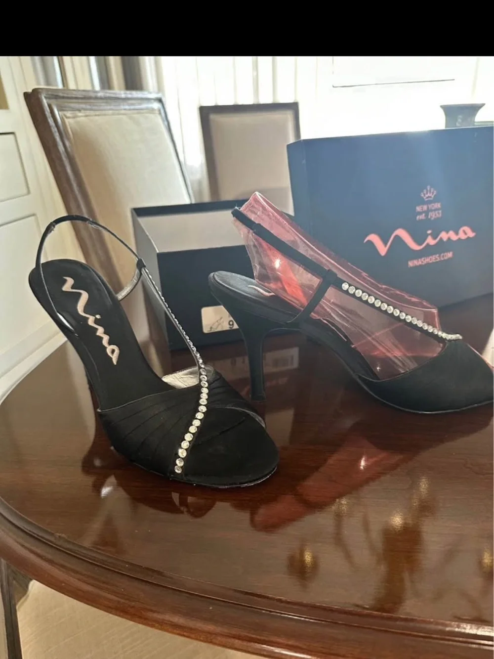 Nina Black Slingback Heels with Rhinestone Strap